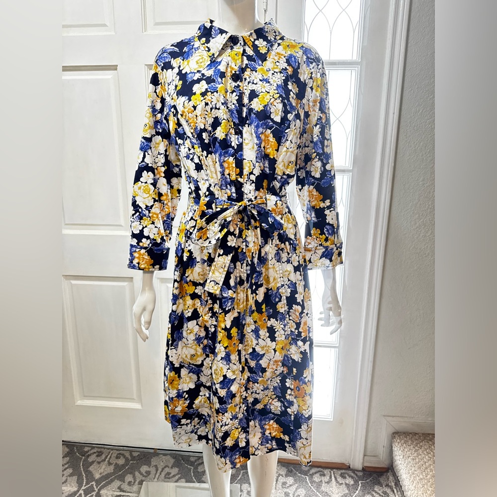 St. John Sport Cotton Boend Vibrant Floral Satin Shirt Dress Size XL P-39